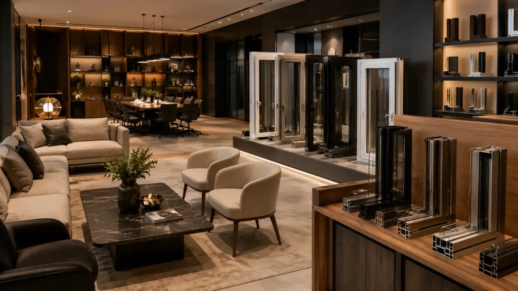 Nawabi Group showroom displaying furniture and PVC products